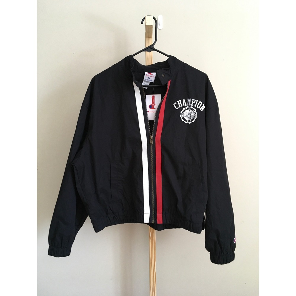Champion Mens 1X Black Windbreaker Jacket Racing Stripe Mock Neck Loose Fit NWT